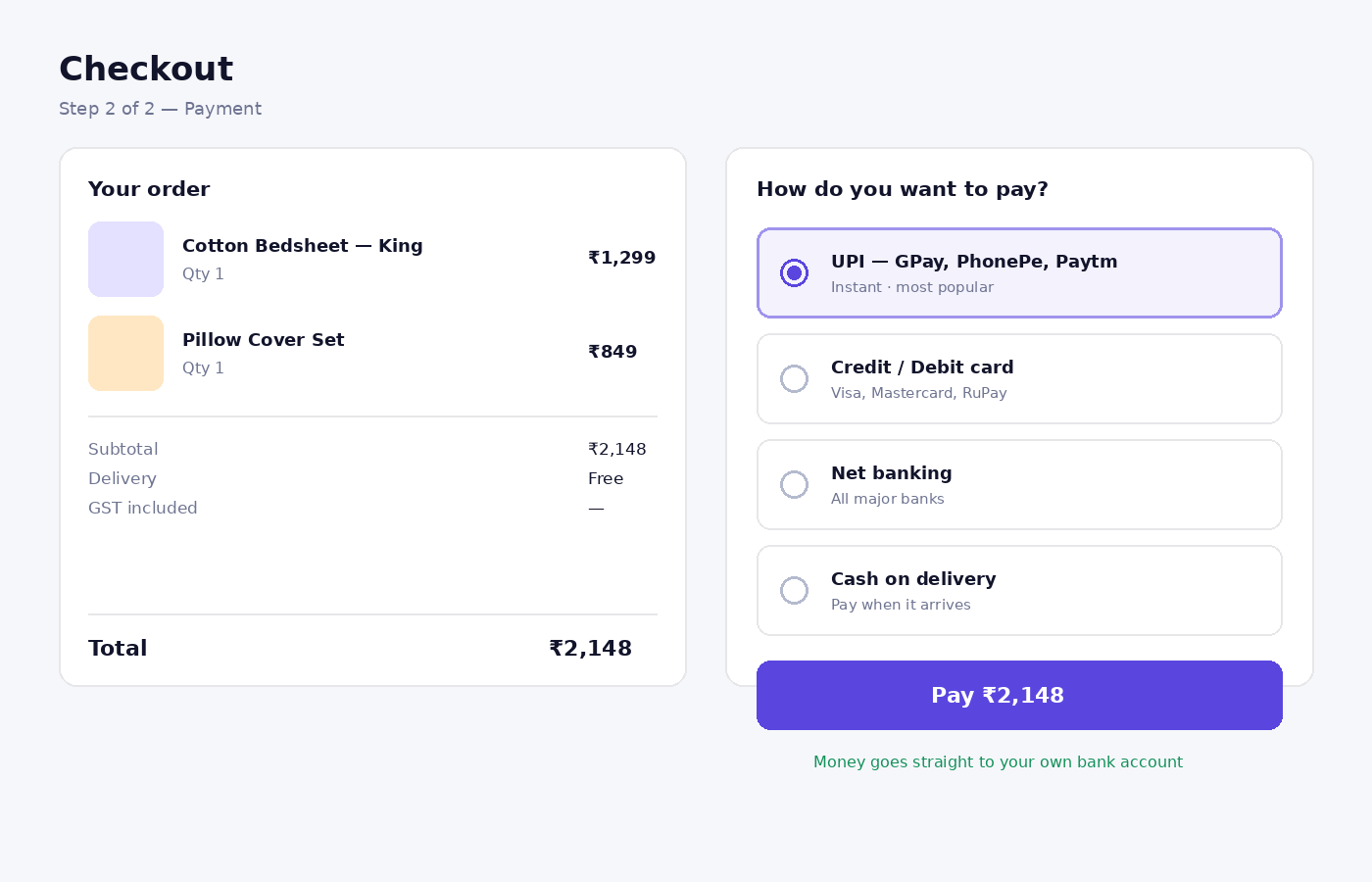 Checkout screen with UPI, card, net banking and cash on delivery options