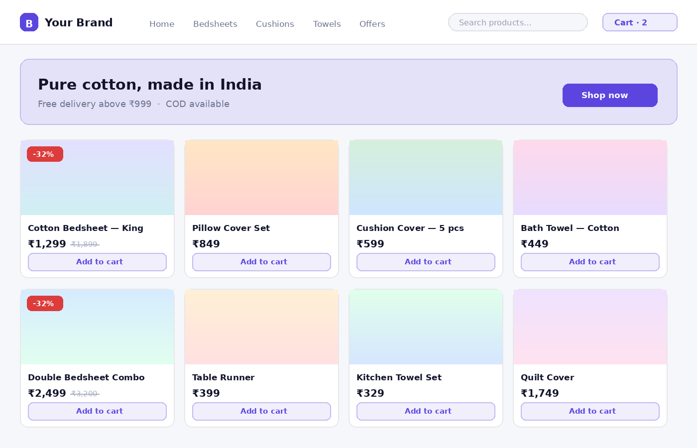 An online store built by Oriel Press, showing products and prices
