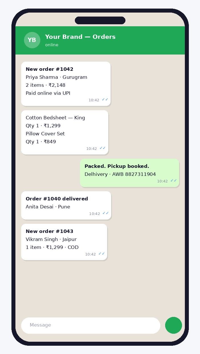 WhatsApp showing new order alerts with customer name, items and tracking number