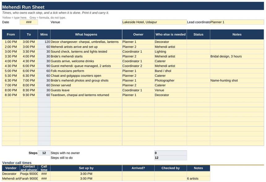 12 Function Run Sheets — Mehendi Run Sheet